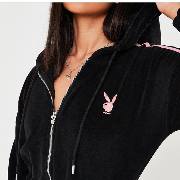 PLAYBOY X MISSGUIDED black velour cropped hoodie - Picture 2 of 6